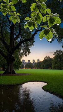 Raindrops Falling on City Park Leaves and Puddle at Sunset Capturing Tranquil Urban Nature Atmosphere Concept