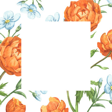 A watercolor floral frame featuring large globeflowers and blue forget-me-not accents
