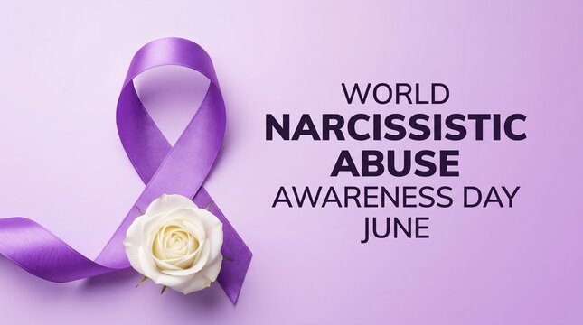 Narcissistic abuse awareness day concept with purple ribbon and white rose