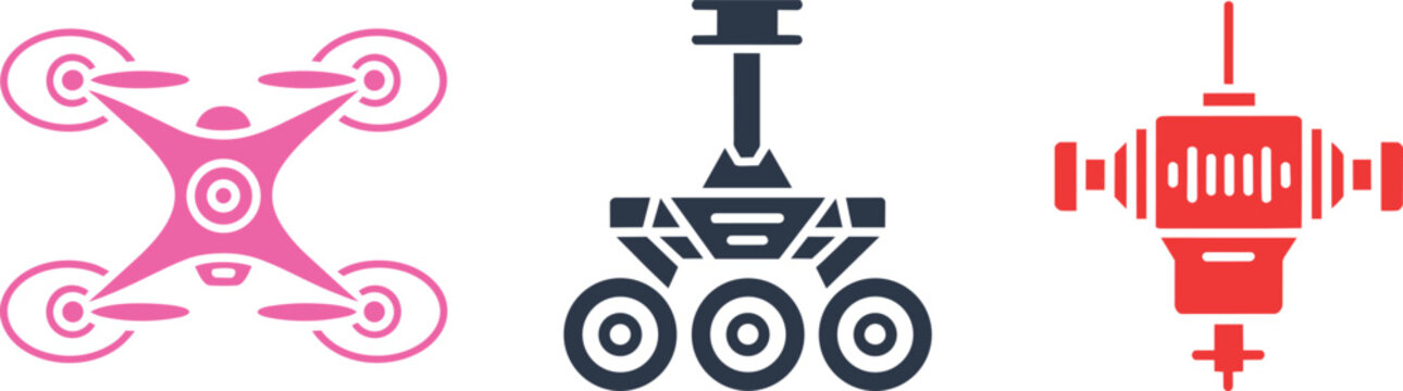 Modern technology and space exploration icons set, featuring pink drone, blue mars rover, red satellite probe in style in solid and colored styles