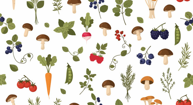 Seamless Pattern of Fresh Vegetables and Berries on White.