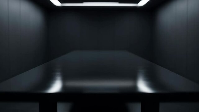 Sleek dark conference room featuring a minimalist black table under bright rectangular overhead ceiling lights