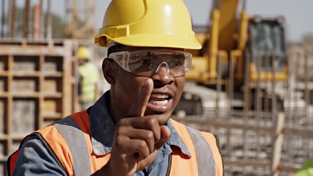 Construction foreman in yellow hardhat and safety vest shouts instructions over loud site noise with intense expression