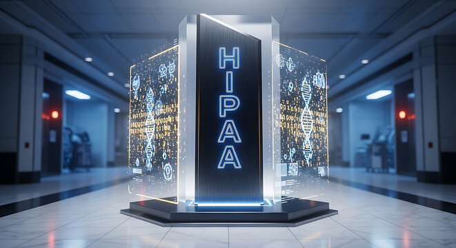 Futuristic HIPAA Compliance Concept Featuring Glowing Medical Data Security Displays and DNA Helix Symbols in a HighTech Healthcare Server