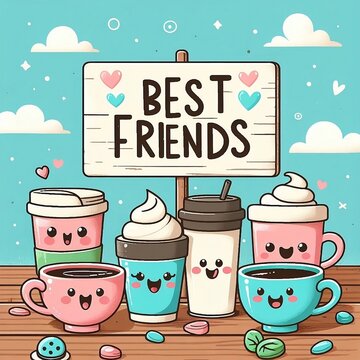 Best Friends Vector illustration banner template for social media Coffee cups with funny faces on wooden table with isolated pastel sky blue background, created with generative ai
