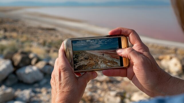 Person capturing a unique pink salt lake landscape with a smartphone