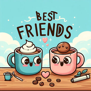 Best Friends Vector illustration banner template for social media Coffee cups with funny faces on wooden table with isolated pastel sky blue background, created with generative ai