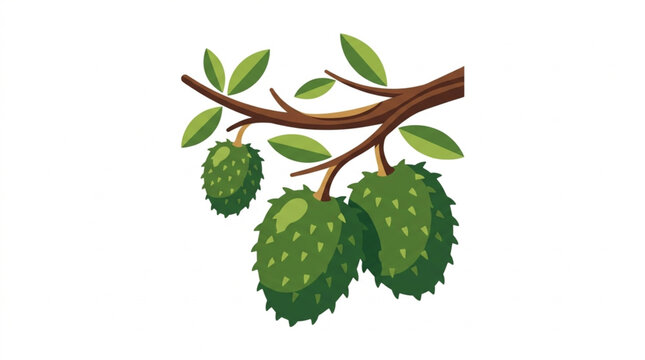 Green Soursop Fruits Hanging From A Branch.