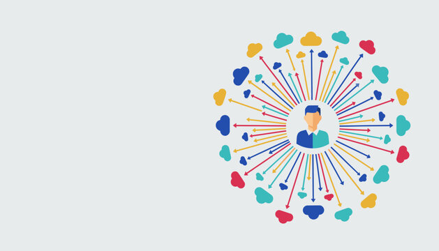 Abstract concept of connection and communication, network of people and clouds, digital data flow, social media concept