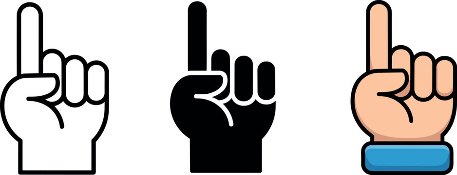 Pointing hand vector set featuring outline black silhouette and colored index finger flat icon illustrations