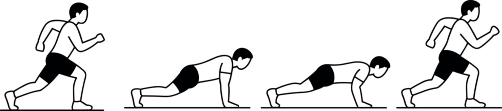Burpee exercise step vector set featuring black line art icons of fitness workout training progression