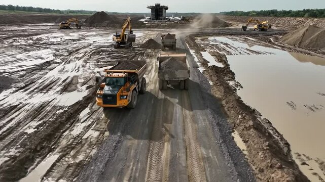 Heavy equipment operates on a temporary dirt road for construction access at a large earthmoving site