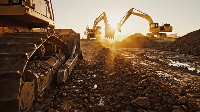 Heavy excavators and bulldozers actively moving rich earth at dawn on a construction site