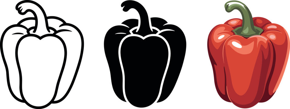 Red bell pepper icon set vector with outline glyph and flat style for cooking food and fresh vegetable concepts