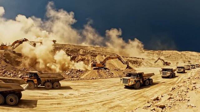Heavy machinery operates at a dusty remote mining construction site with multiple trucks and excavators