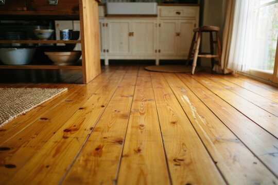 Warm Pine Wood Floor in a Cozy Kitchen