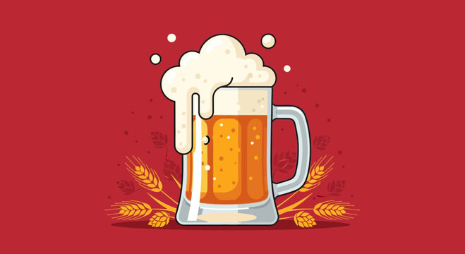 Frothy Beer Mug Illustration with Wheat and Hops