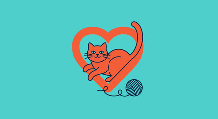 Cute Orange Cat Inside Heart Shape with Yarn Ball Illustration © Elvano Pradipta