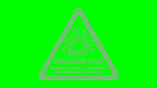 and drawn explosion risk warning sign animation on green screen chroma key background featuring explosive materials alert symbol for industrial safety overlay
