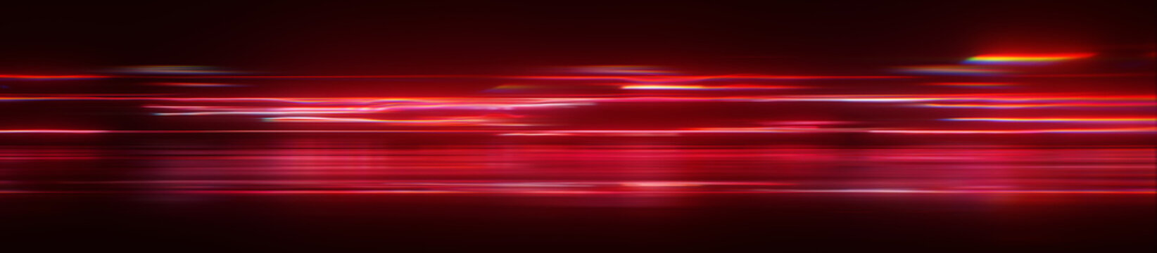 Abstract red cyber tech background with horizontal glowing data lines. Dynamic neon speed trails panorama for website header or design element.