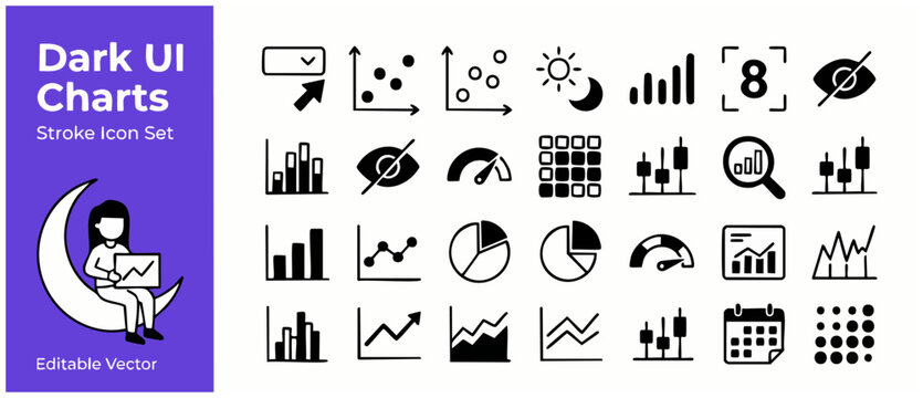 Data visualization dashboard vector icons set for dark user interface design featuring financial bar charts, growth graphs, pie diagrams, business analytics statistics, and modern UI line symbols set.