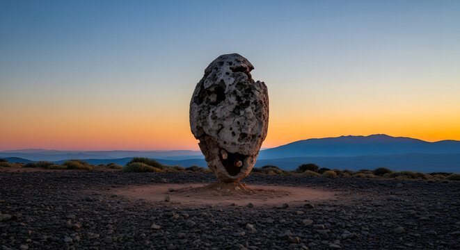 A unique, weathered volcanic rock formation resembling a human face, standing solitary in a vast, rocky desert landscape at sunset with distant mountains