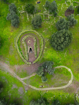 Aerial view of Sacred Well of Santa Cristina, nuragic structure of Sardinian Bronze Age, Italy