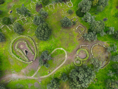 Aerial view of Sacred Well of Santa Cristina, nuragic structure of Sardinian Bronze Age, Italy