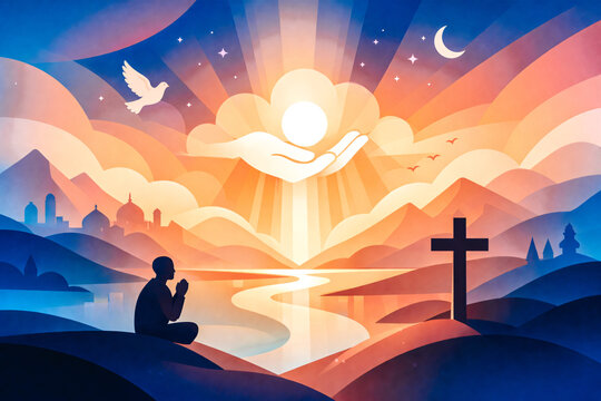 Homme priant &agrave; genou, concept de religion et foi avec paysage et ciel 