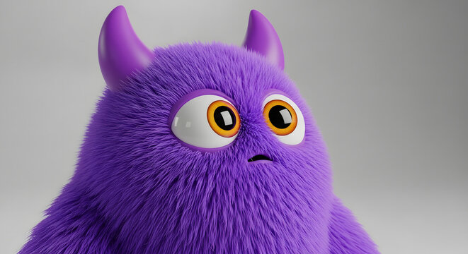A cute, fluffy purple monster with horns and large expressive eyes, 3d rendered character design against a neutral grey background