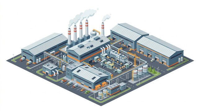 Industrial Factory Complex with Smoke Stacks and Buildings.