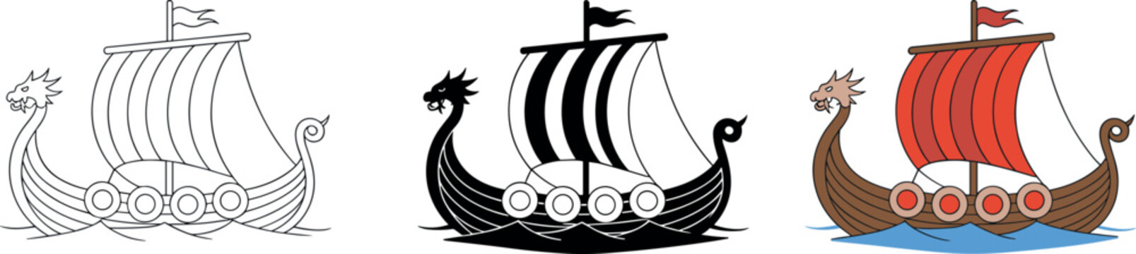 Viking longship drakkar boat vector icon set with outline silhouette and colored flat design variations