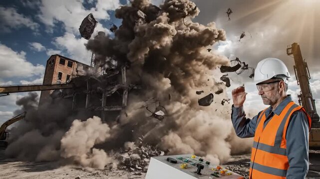 Controlled building demolition with explosion and debris, foreman overseeing the destruction process