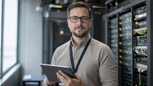 An IT technician in a data center, working among server racks.