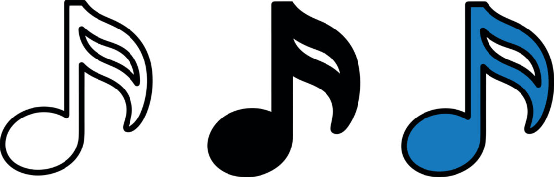 Musical eighth note vector icon set with outline silhouette and blue colored flat design variations