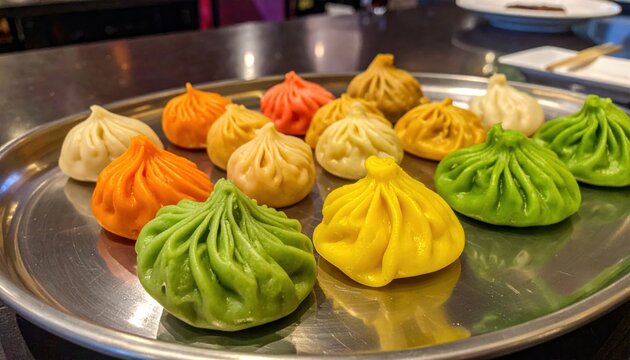 A selection of vibrant, colorful steamed dumplings in various appealing shapes and sizes artfully arranged on a serving plate for a delightful culinary experience.