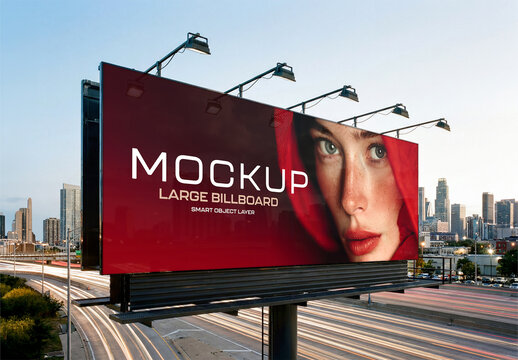 Large Horizontal Billboard in Front of City Mockup
