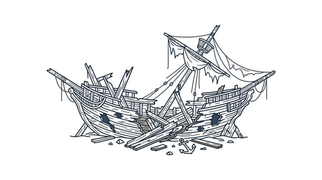 Hand drawn illustration of a dilapidated wooden pirate ship wreck.
