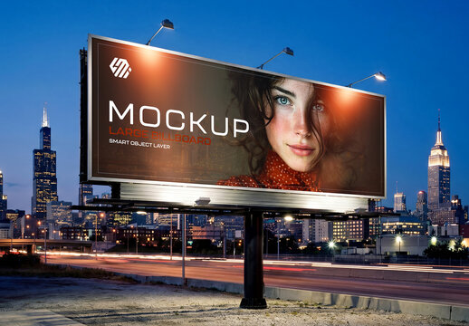 Large Horizontal Billboard in City at Night Mockup
