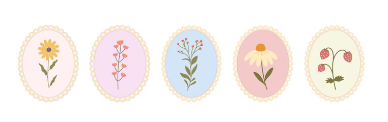 Set of vintage floral frames with wildflowers and berries in pastel colors. Cottagecore botanical vector illustrations for prints, stickers and nursery decor. © Pattern.dreamshop