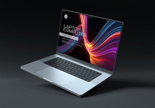Silver Laptop with Shadow Floating on Black Background Mockup