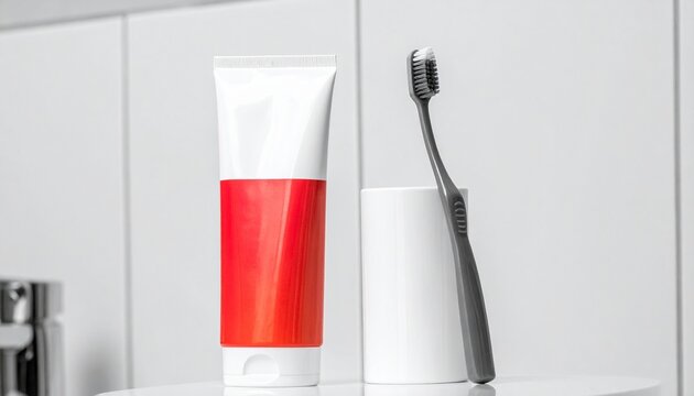 Red Toothpaste Tube and Black Toothbrush Minimal Bathroom Mockup