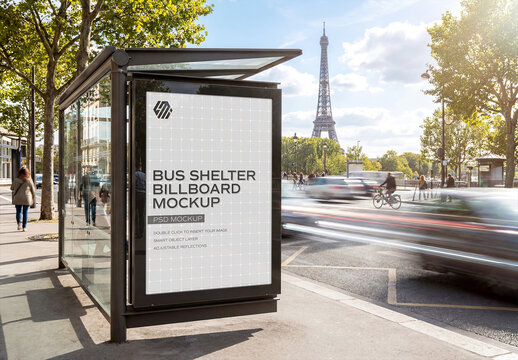 Billboard Bus Stop In Paris City Mockup with View on Eiffel Tower
