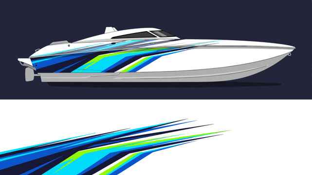Sleek blue striped speedboat displayed against a dark background.