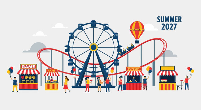 Summer 2027 Funfair Amusement Park Scene with Ferris Wheel and Roller Coaster