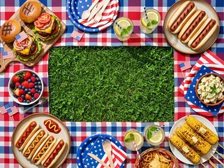 Obraz premium Colorful picnic with burgers, hot dogs, lemonade, and fruits on a checkered cloth, perfect for holiday gatherings.