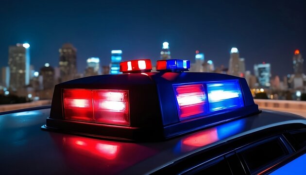 Blue and red light flasher atop of a police car. City lights on the background, created with generative ai