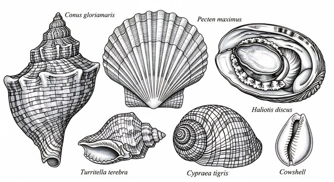 Collection of Various Seashells and Mollusk Shells Illustrated.