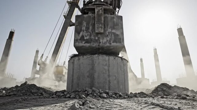 Massive concrete pilings are driven into the ground by heavy machinery at a construction site