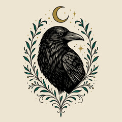 Obraz premium Rabe mit Mond und botanischen Elementen als mystische Vektor Illustration